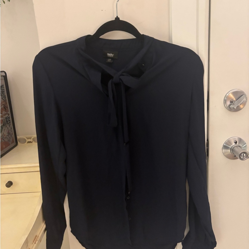 Navy Self-Tie Long Sleeve Blouse